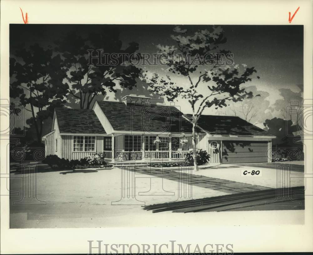 Illustration of House Front Entrance and Garage - Historic Images