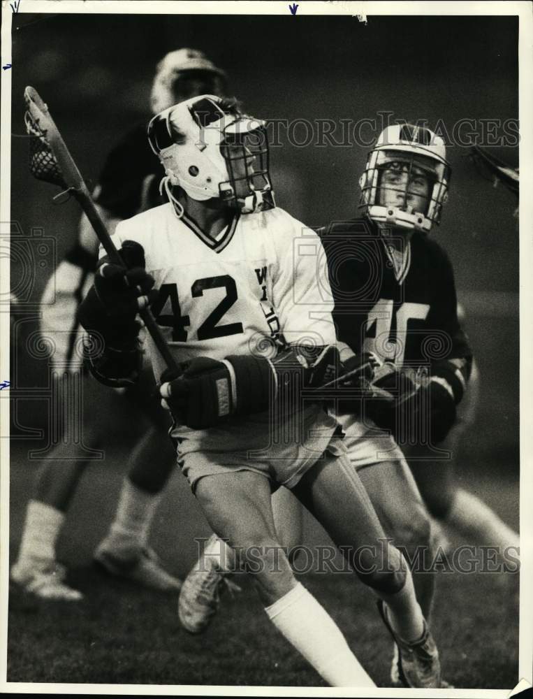 1985 Press Photo Brian Willard, West Genesee High School Lacrosse Player at Game- Historic Images