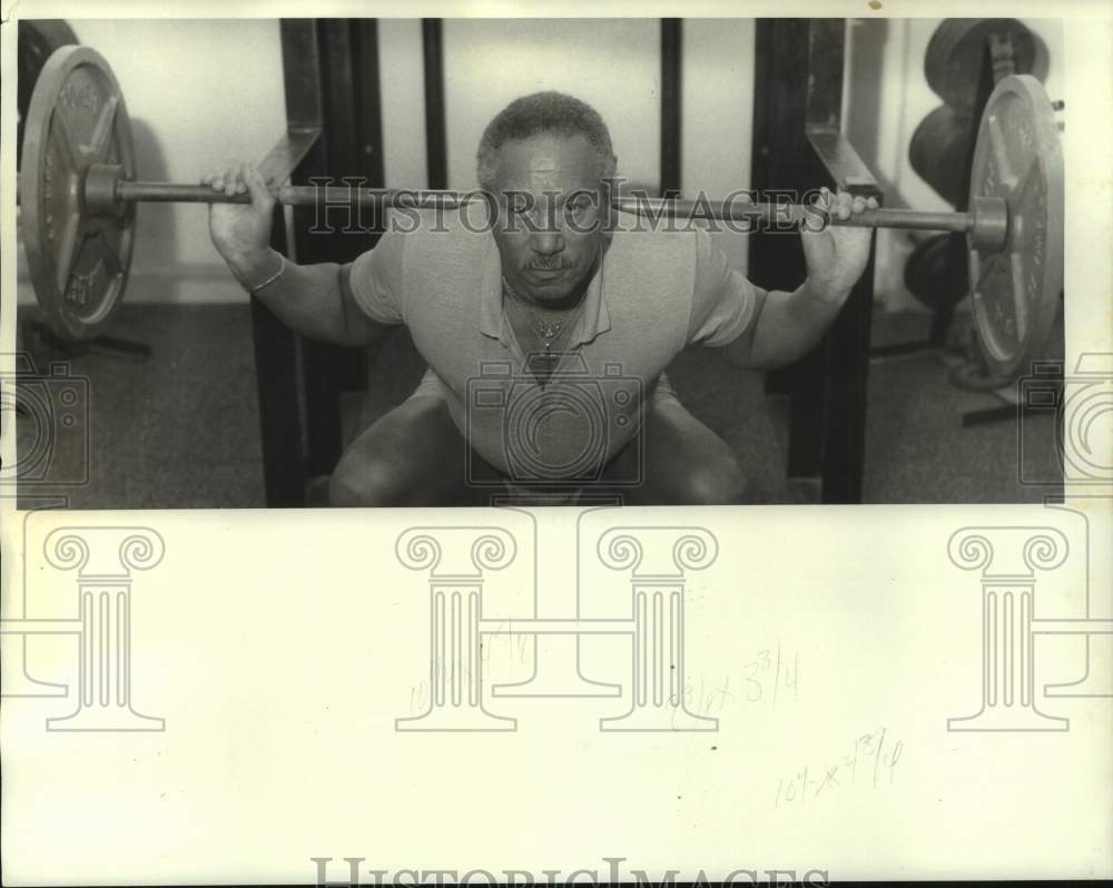 1985 Press Photo Power Lifter Randy Leonard at Spartan Fitness Center - Historic Images