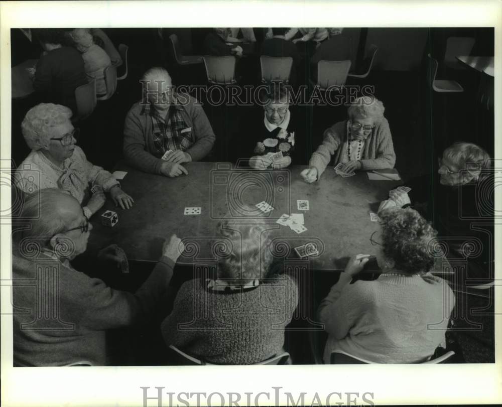 1991 Press Photo Senior Citizens at Faith Lutheran Church Card Game in Cicero- Historic Images