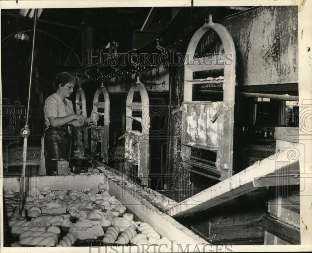 1950 Lamson Candle Molder Sarah Raab Working on Conveyor Line-Historic Images