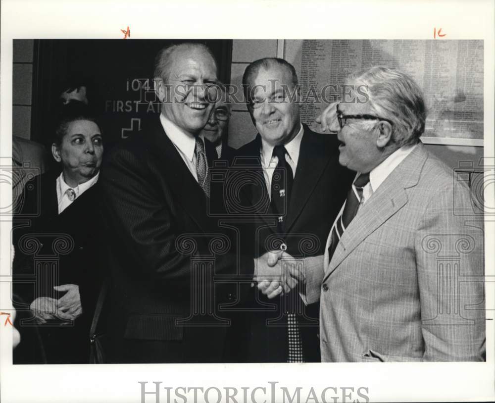 Press Photo Publisher Stephen Rogers Shaking Hands with Official at Event- Historic Images