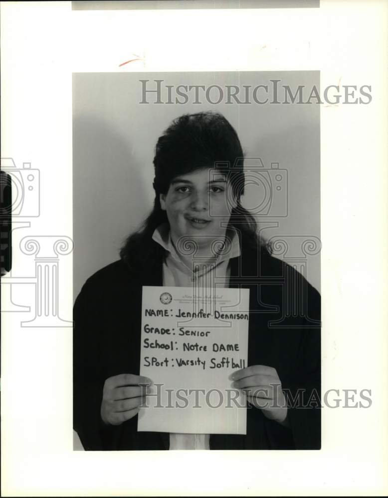 1990 Press Photo Jennifer Dennison, Notre Dame High School Varsity Softball - Historic Images