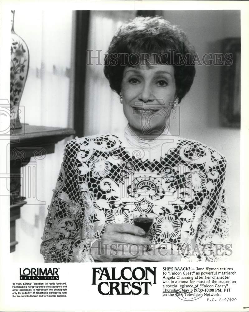 1990 Press Photo Actress Jane Wyman returns to &quot;Falcon Crest&quot; - syb00323 - Historic Images