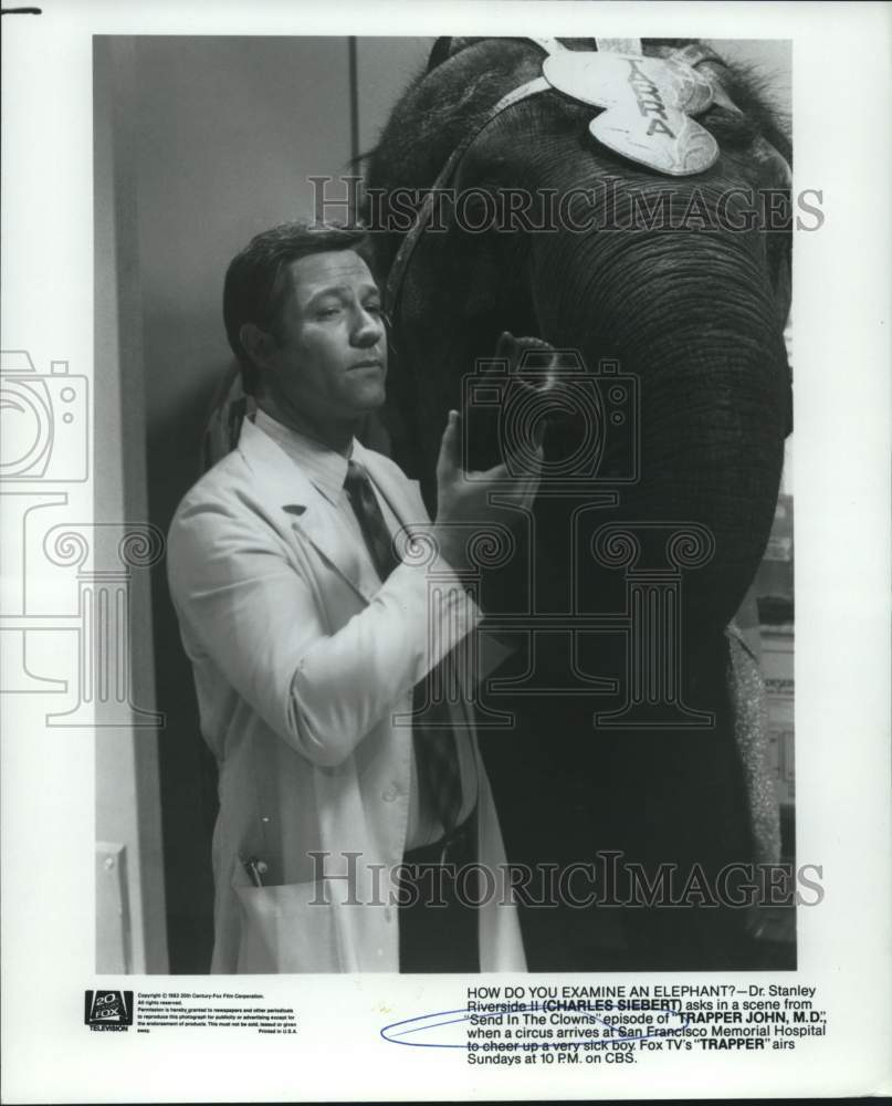 1982 Press Photo Charles Siebert with an elephant in &quot;Trapper John, M.D.&quot; - Historic Images