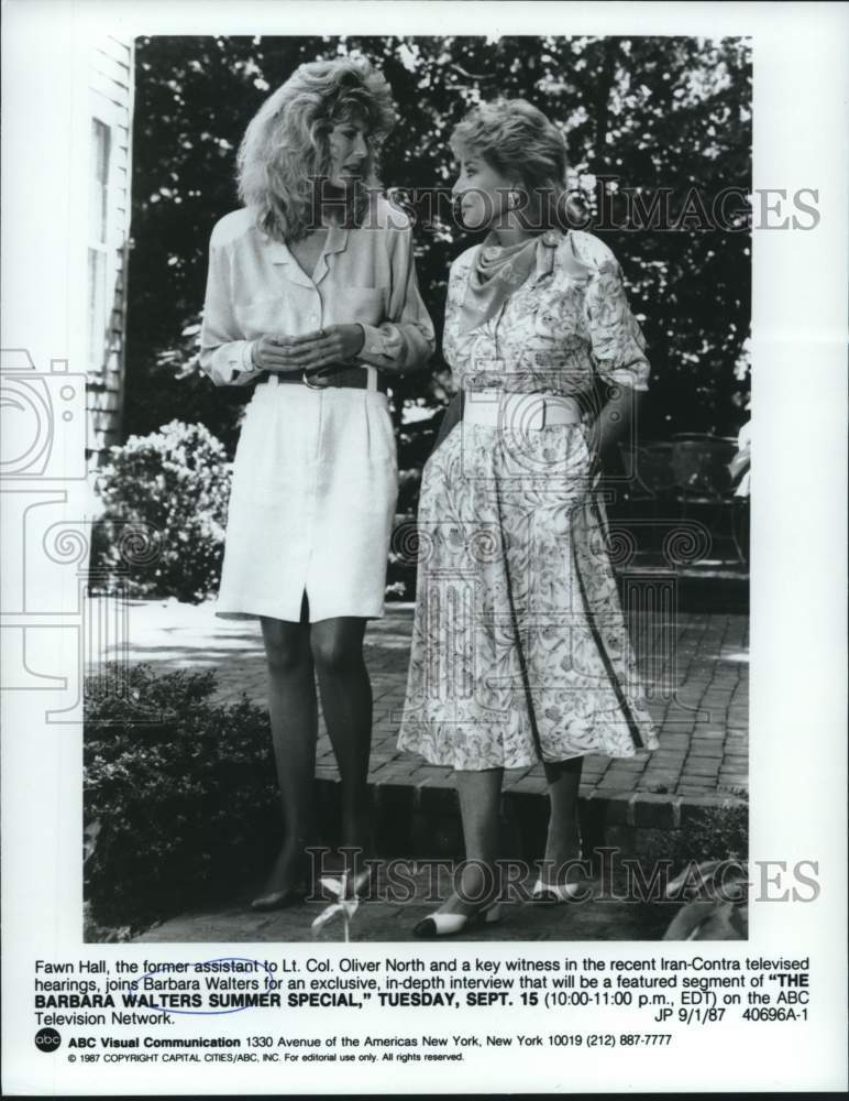 1987 Press Photo Barbara Walters &amp; Fawn Hall in Barbara Walters Summer Special - Historic Images