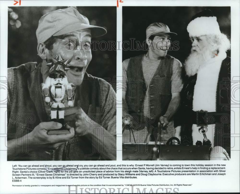 1988 Press Photo Jim Varney and Oliver Clark in &quot;Ernest Saves Christmas&quot; - Historic Images