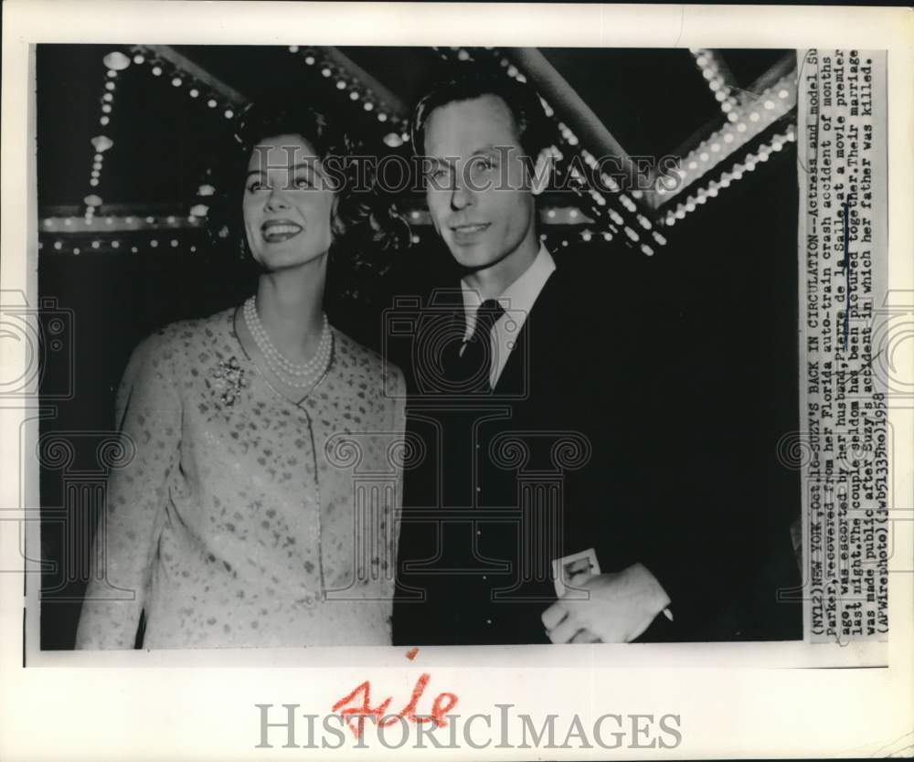 1958 Press Photo Actress and Model Suzy Parker with husband Pierre de la Salle - Historic Images