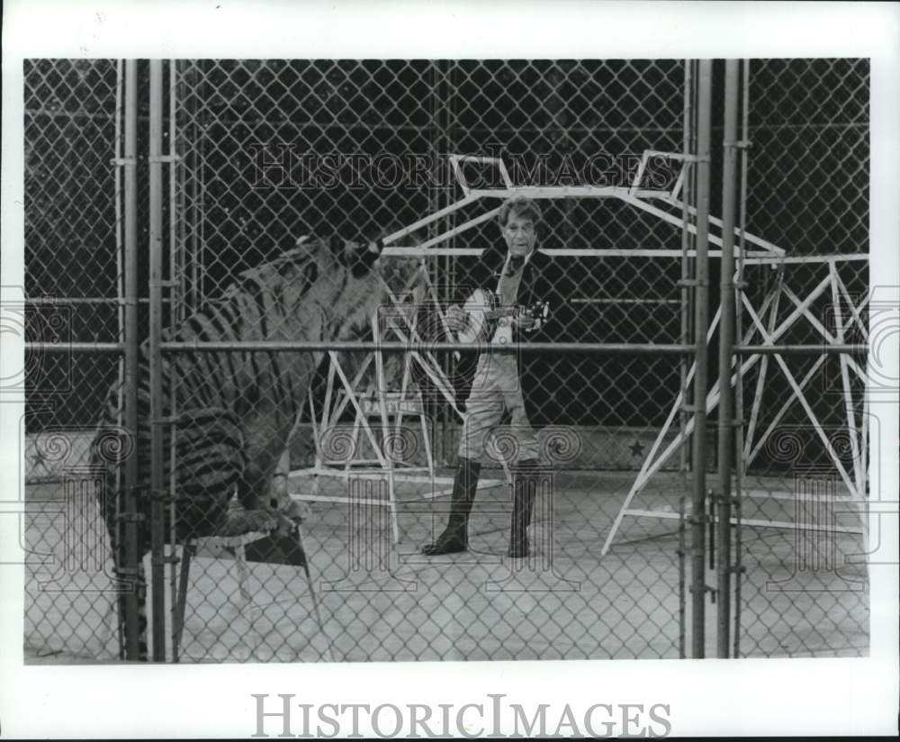 1984 Press Photo Actor George Segal Keeps Close Eye on Tiger - Historic Images