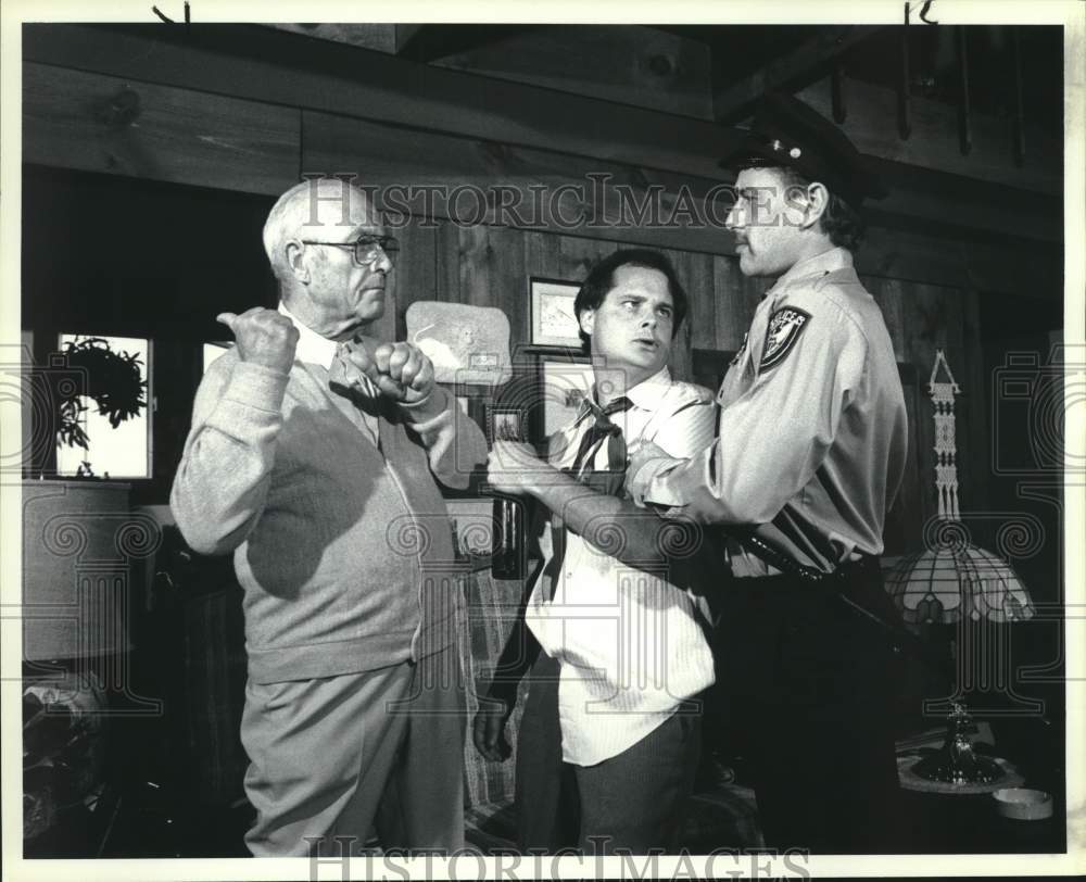 1987 Press Photo Charlie White, Daniel Kohlbach &amp; Joe Aiello in &quot;Never Too Late&quot; - Historic Images