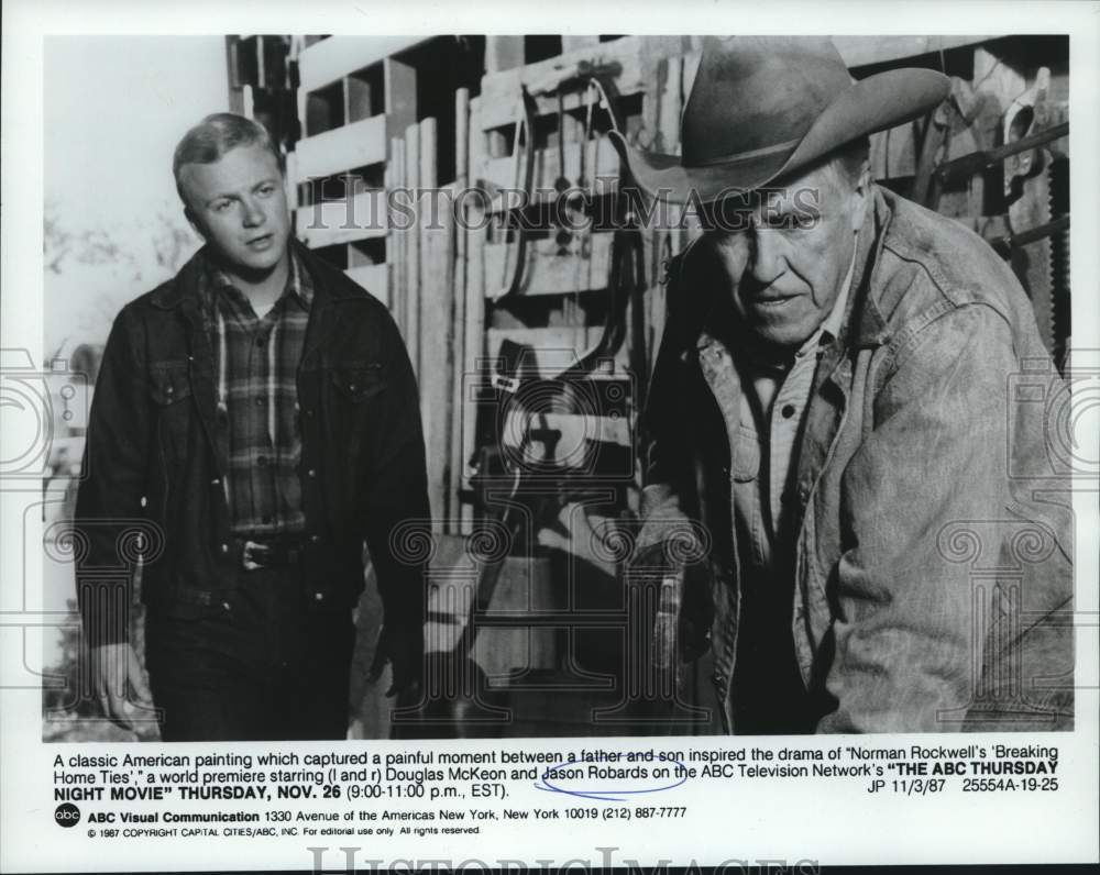 1987 Press Photo Jason Robards and Douglas McKeon in "Breaking Home Ties" - Historic Images