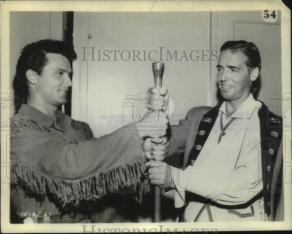 Press Photo Keith Larsen, Richard Ney on Set of "Northwest Passage" - Historic Images