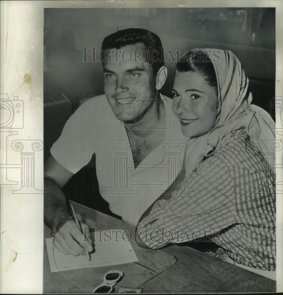 1957 Actor Jeffrey Hunter with model Joan "Dusty" Bartlett-Historic Images