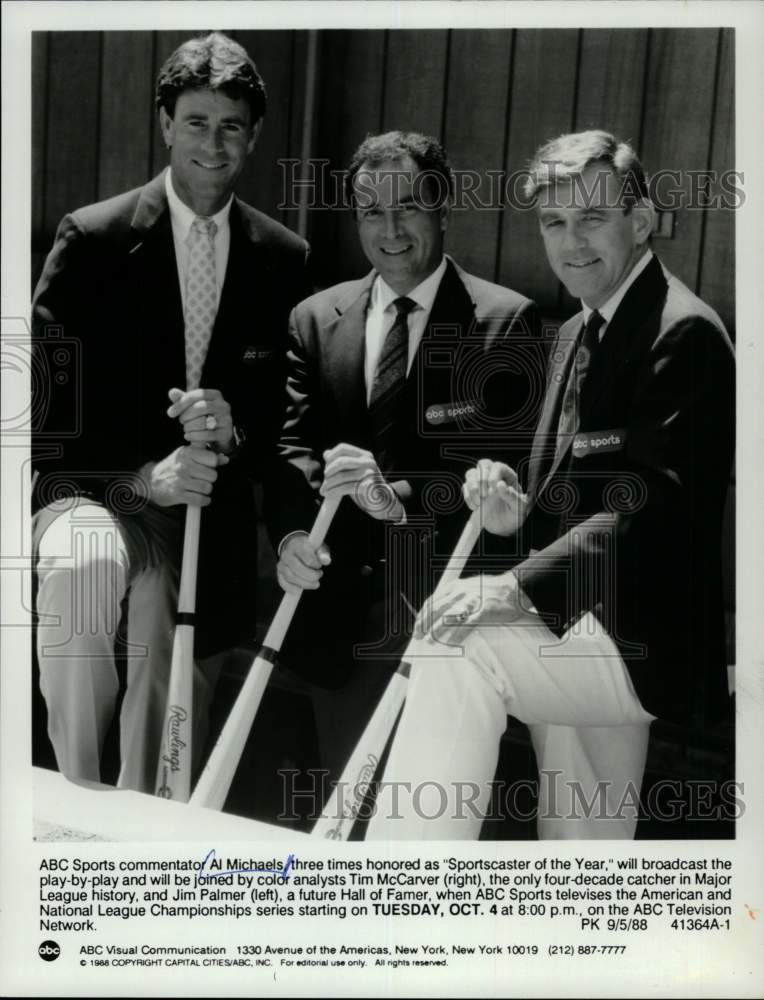 1988 Press Photo Sports commentator Al Michaels with Tim McCarver & Jim Palmer- Historic Images