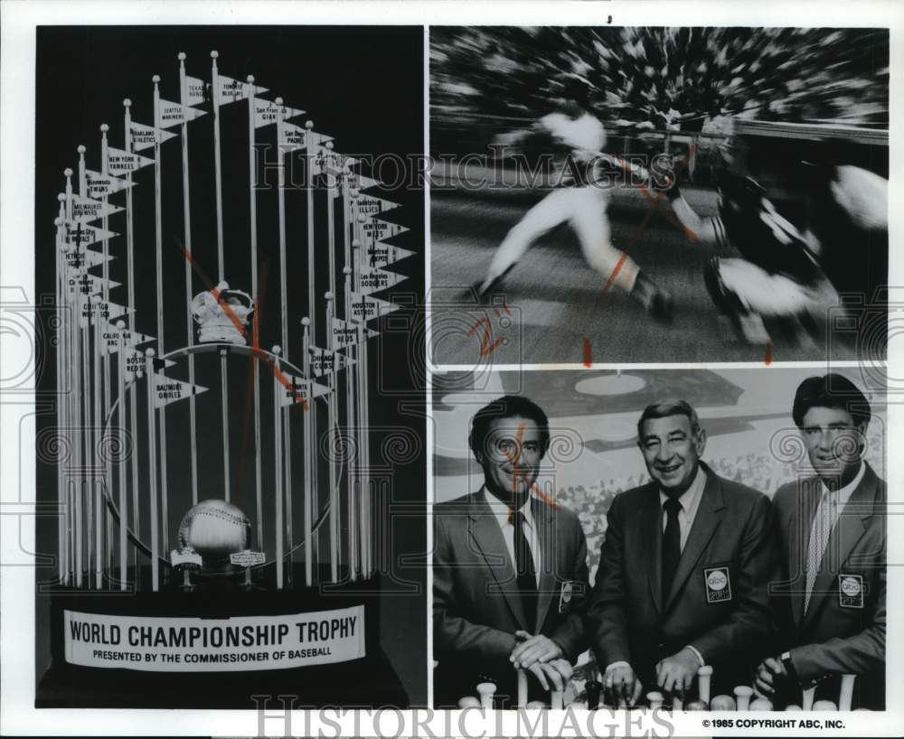 1985 Press Photo Hosts of the World Series with Championship Baseball Trophy - Historic Images