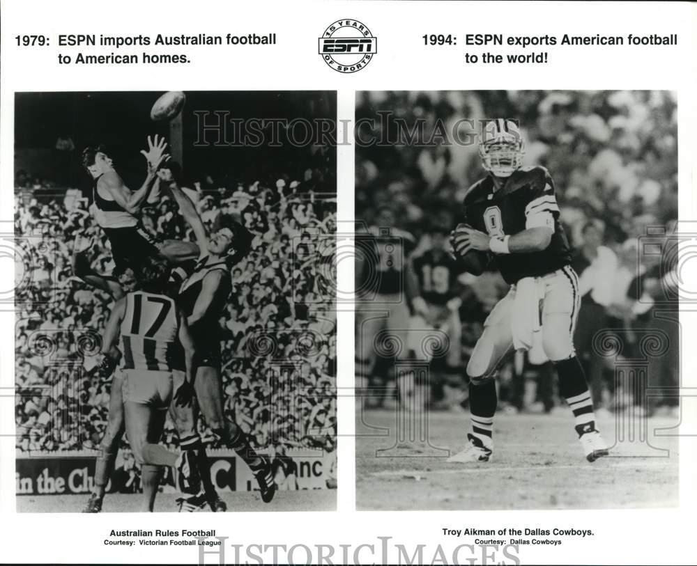 1979 Press Photo Australian Rules Football and Troy Aikman of the Dallas Cowboys- Historic Images