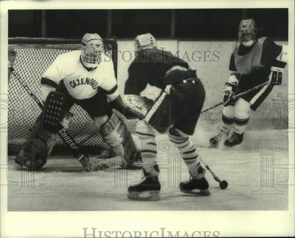 1988 Press Photo Andy Howard, goalie for Cazenovia during practice, New York - Historic Images