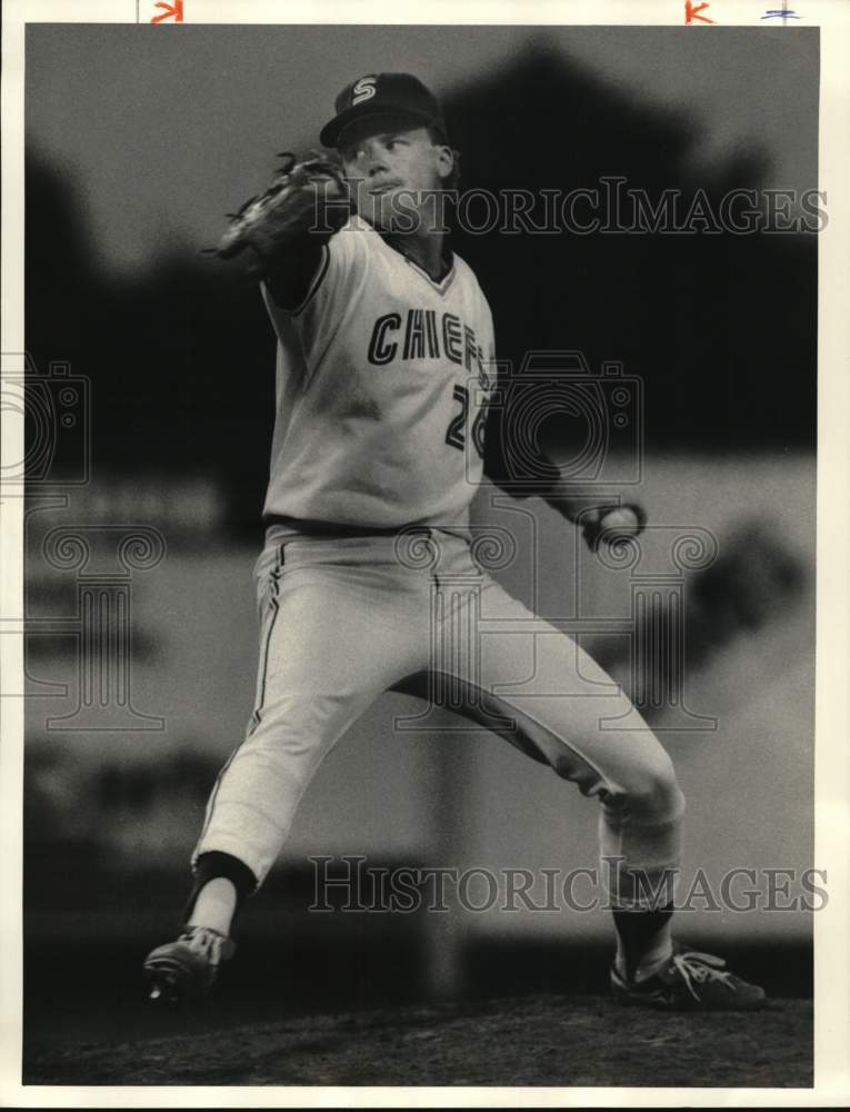 1985 Press Photo Steve Davis, Chiefs Baseball Pitcher, Syracuse, New Y ...