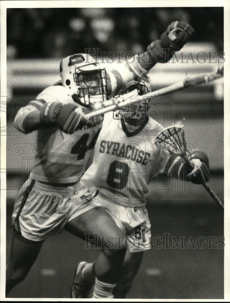 1987 Press Photo Bill Dirrigl, Neil Alt during Syracuse University Lacrosse Game- Historic Images