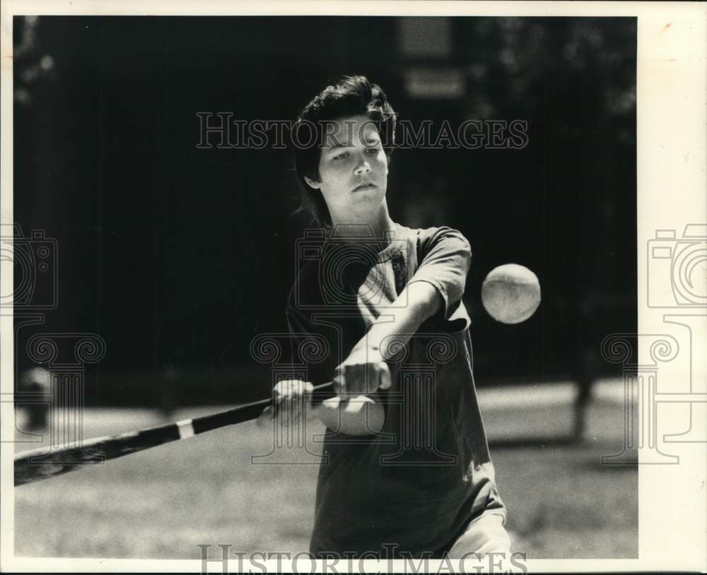 Press Photo Stacy Cowen swings at softball - sys08825 - Historic Images