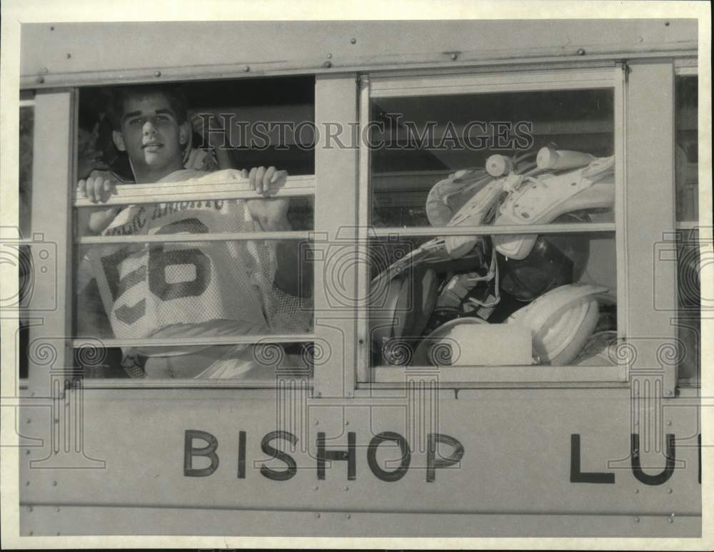 1987 Press Photo Bishop Ludden Football Team leaves in Bus for Cortland Game - Historic Images