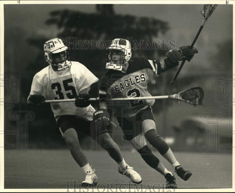 1989 Press Photo Steve Krewson, Kevin Avyer in Lacrosse Game at Coyne Field - Historic Images