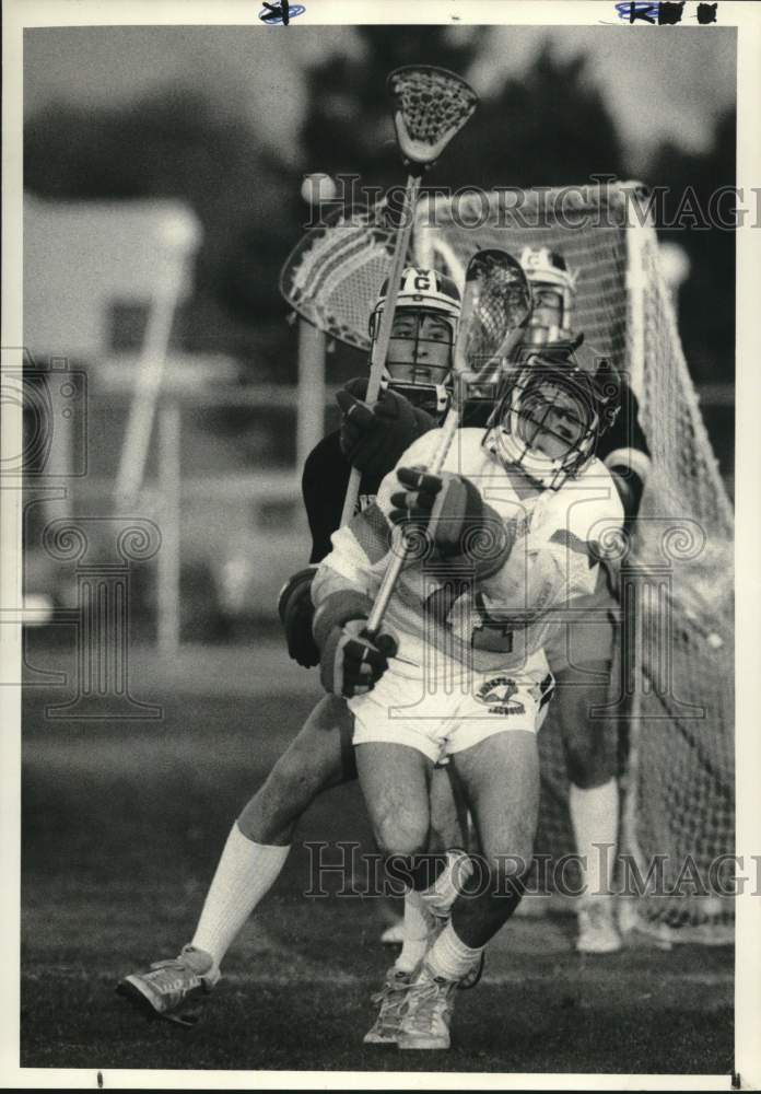 1988 Press Photo Scott McMahon at Liverpool and West Genesee Lacrosse Game - Historic Images