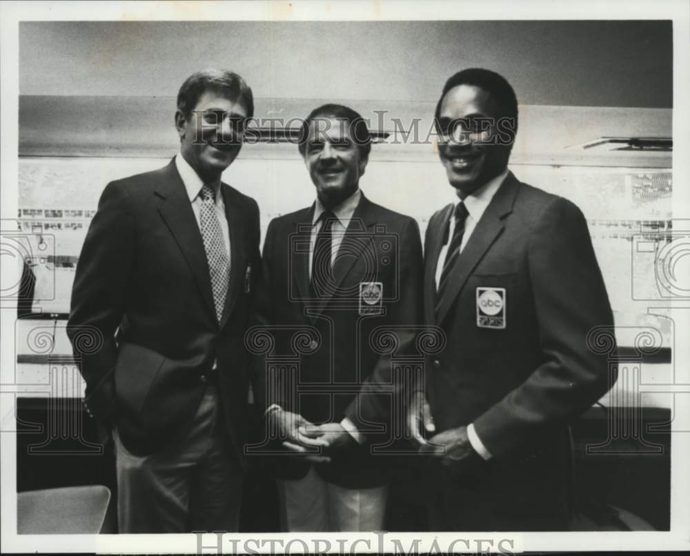 1985 Press Photo Don Meredith, Frank Gifford & O.J. Simpson at "Super Bowl XIX" - Historic Images