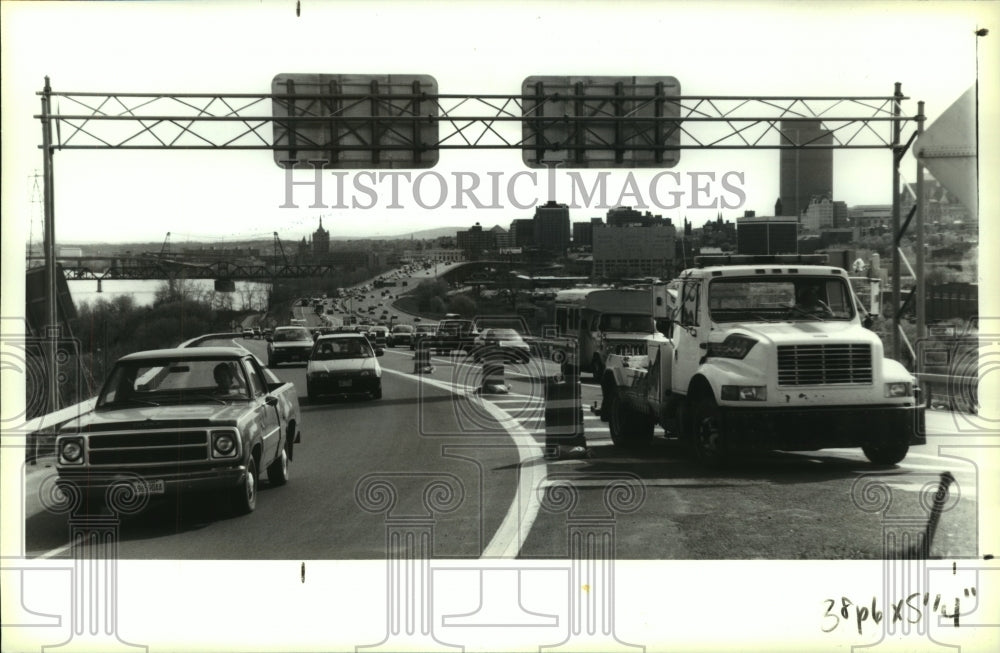 1994 Tow truck waits, if needed,  in Albany, New York work zone - Historic Images