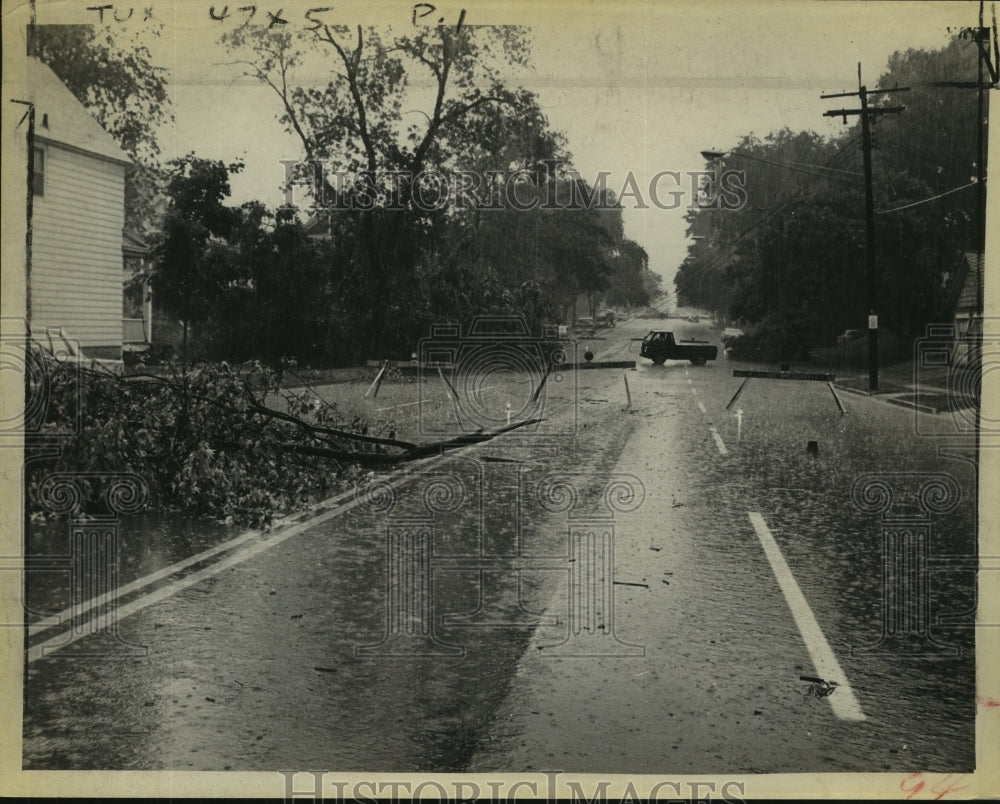 1964 Press Photo Barricades close Albany, New York road due to storm damage-Historic Images