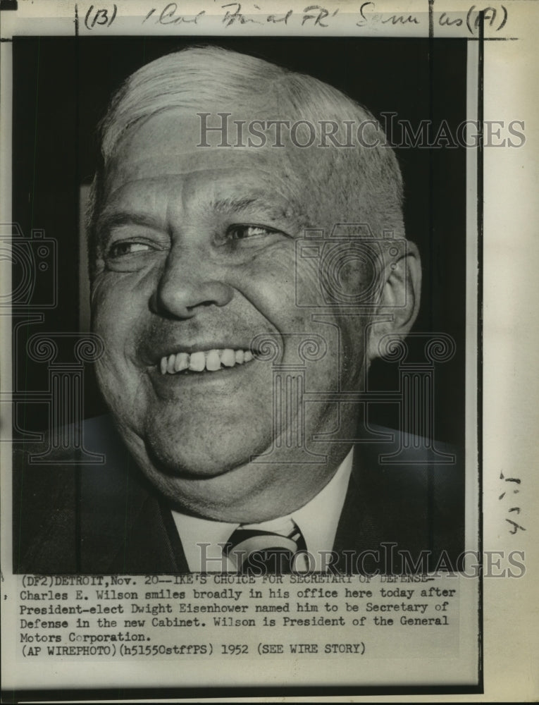 1952 Press Photo General Motors president Charles E. Wilson in Detroit, Michigan-Historic Images