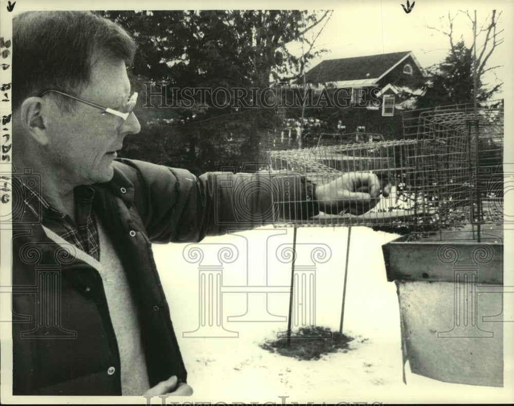 1983 Press Photo Robert Yunick traps a male Nut Hatch in Schenectady, New York - Historic Images