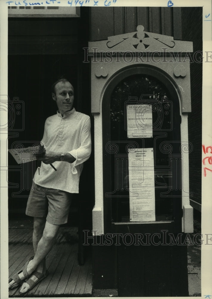 1984 Benjy White leans on stage prop at Hubbard Hall, Cambridge, NY - Historic Images