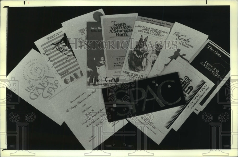 1990 Press Photo TU Studio, Collage of SPAC invitations on history of the Gala - Historic Images