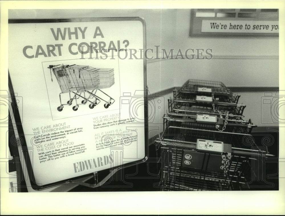 1990 Press Photo Sign explaining cart corral, Edwards Food Warehouse, Albany, NY- Historic Images