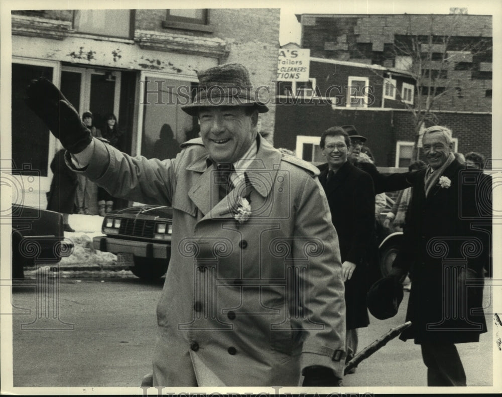 1984 St. Paddy Parade, Mayor Whalen waves to crowds - Historic Images