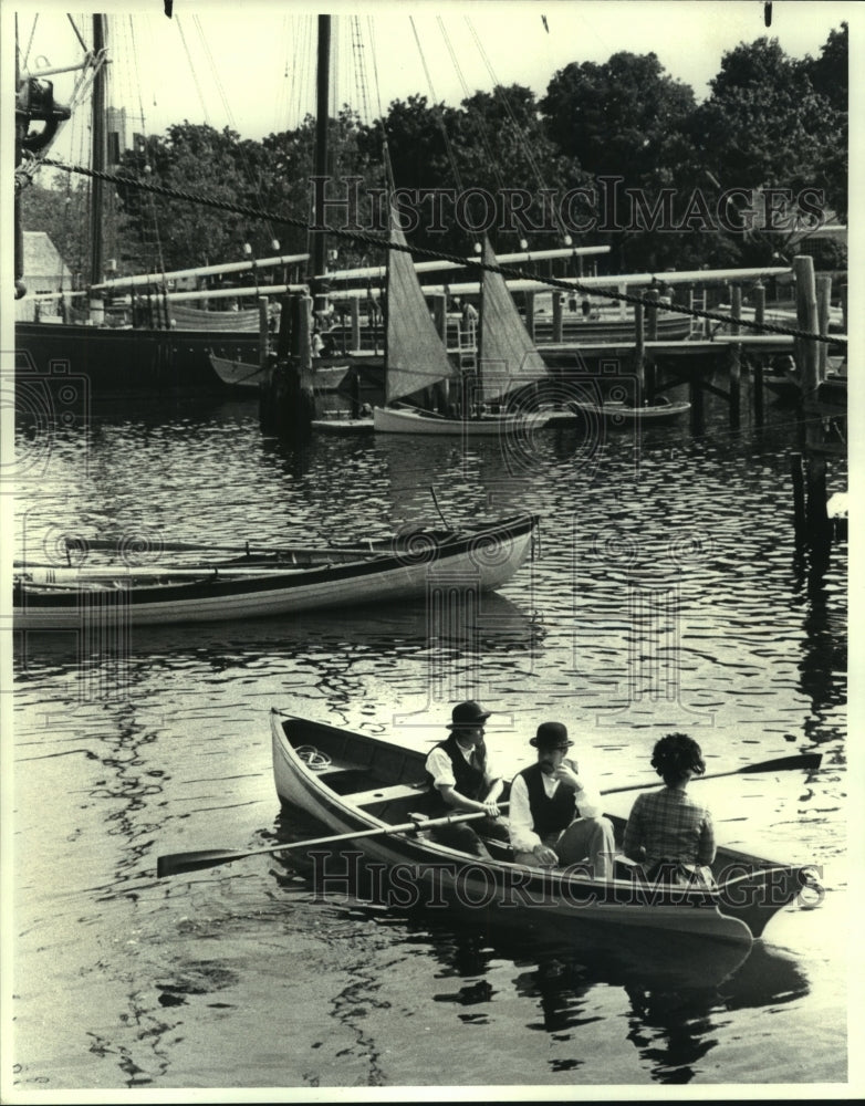 1982 Mystic Seaport staff in Whitehall row boat, Mystic, Connecticut - Historic Images