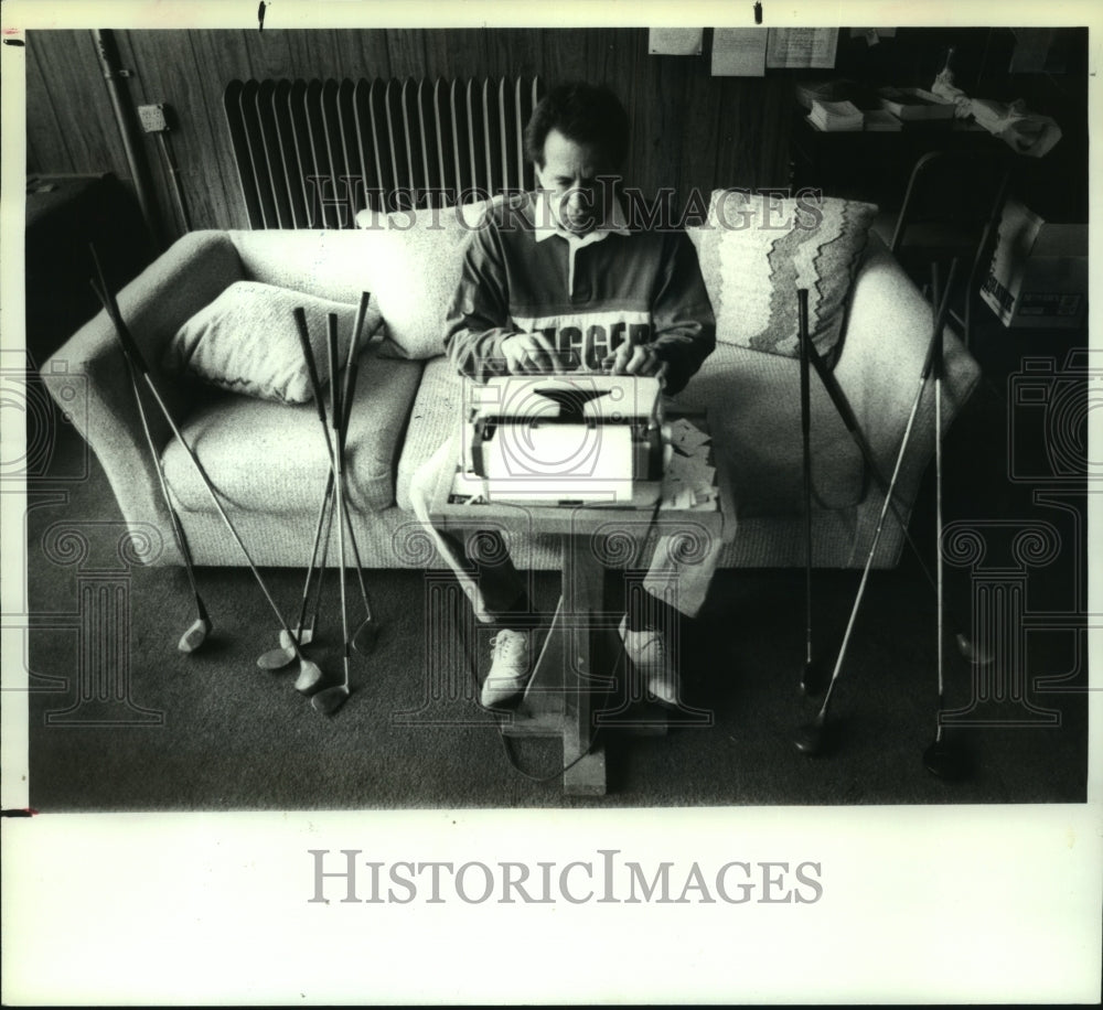 1988 Louis Bud Nacco typing poetry in Schenectady, New York - Historic Images