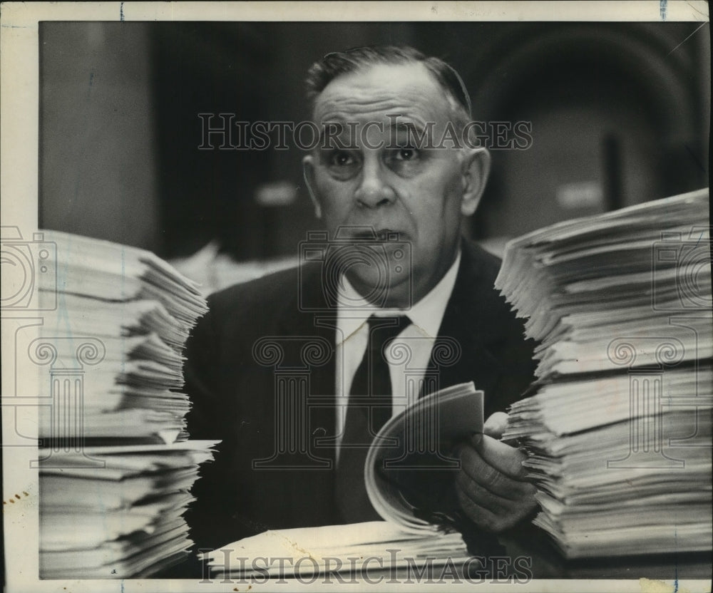 1959 Press Photo Albany, NY Assemblyman G. Eugene Goddard behind stacks of paper-Historic Images