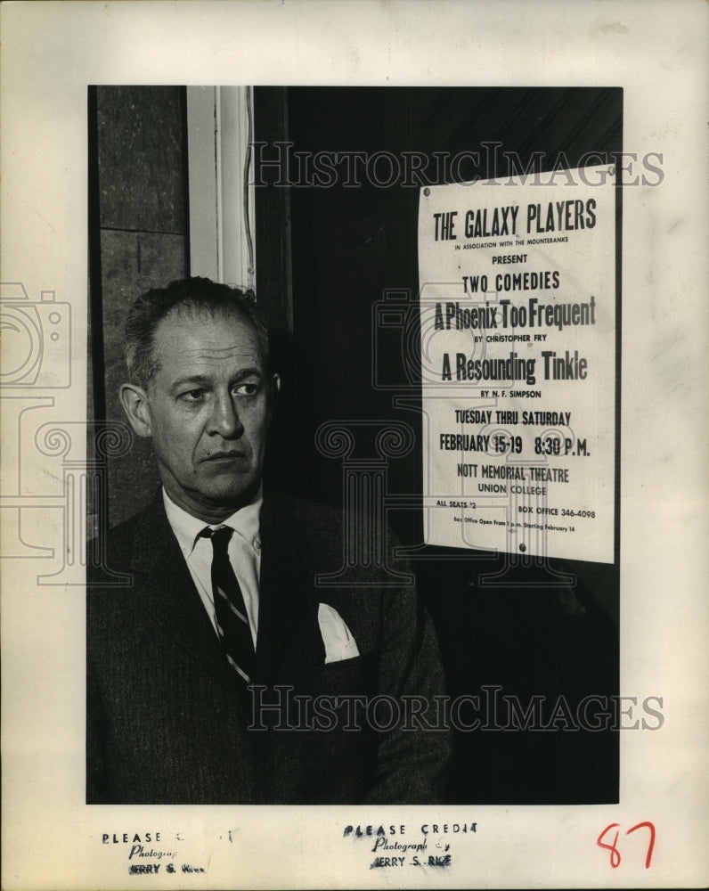 Press Photo Samuel Morrell next to Union College Theatre playbill, Albany, NY- Historic Images