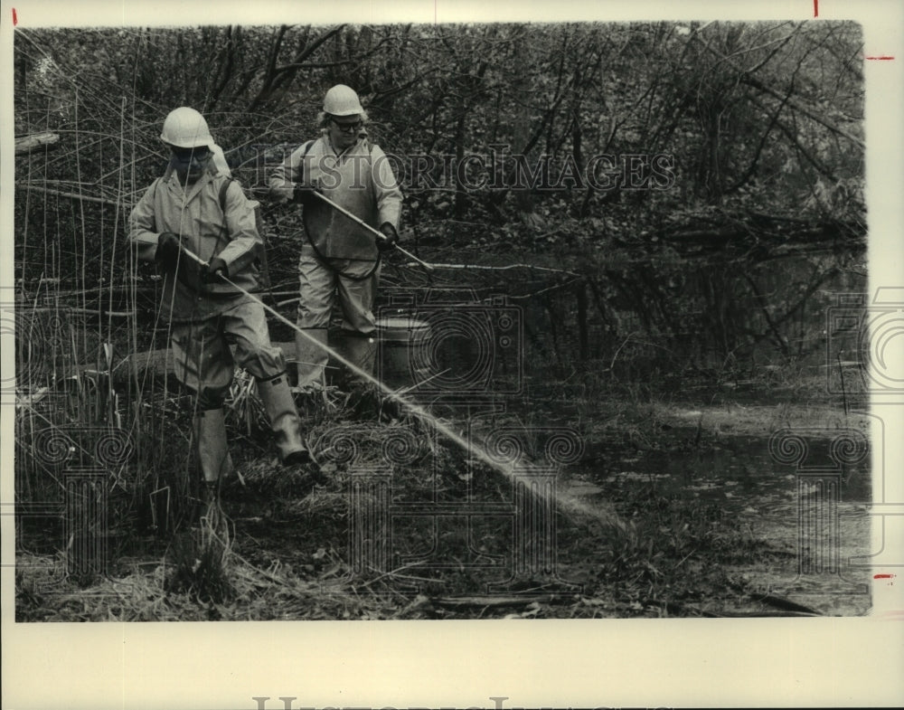 1984 Press Photo Charles Rosano, Carl Fleshman spray for mosquitoes, Colonie - Historic Images