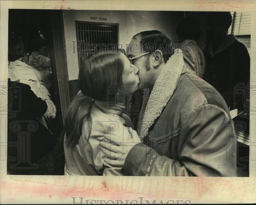 1976 Schenectady, NY Teacher Carol Nastars & husband Dan share kiss - Historic Images