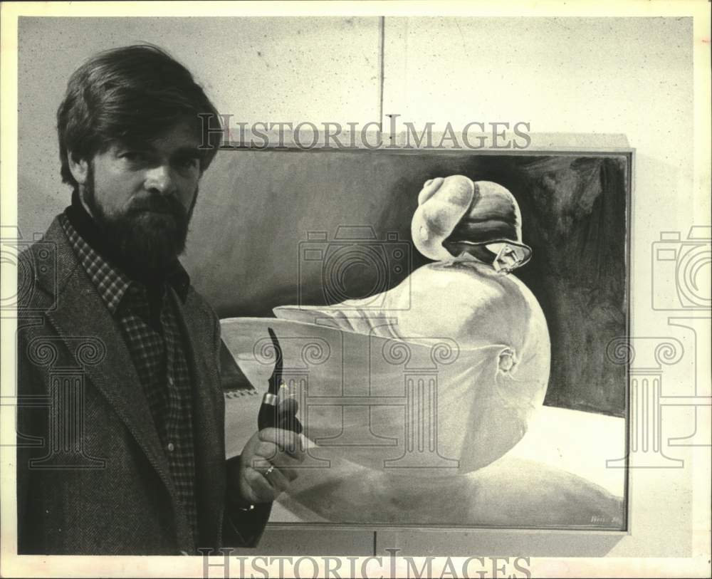 1981 Press Photo Carl Weis with sculpture in art gallery at Siena College, NY - Historic Images