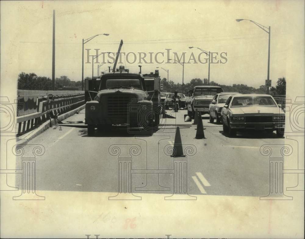 1981 Cars go around construction zone on Western Gateway Bridge, NY-Historic Images