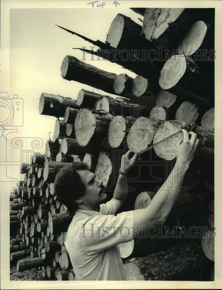 1986 Press Photo Dennis Prutzman checks logs at Massachusetts home builder - Historic Images