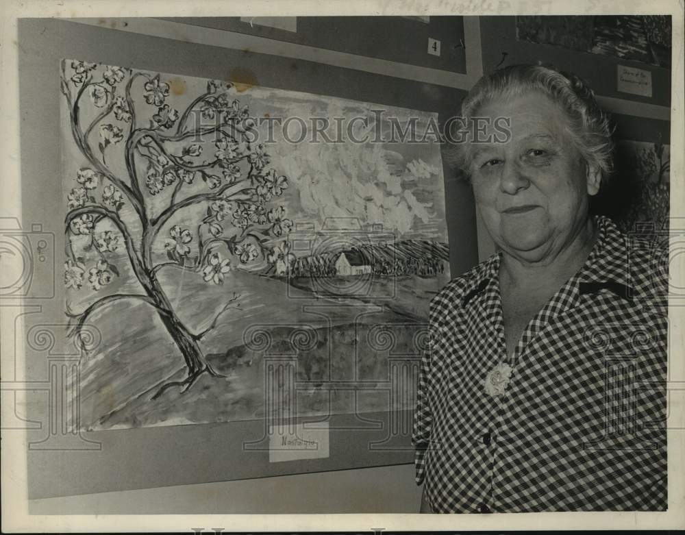 Press Photo Lucerne Scot shows off her painting &quot;Nostalgia&quot; in Albany, New York - Historic Images