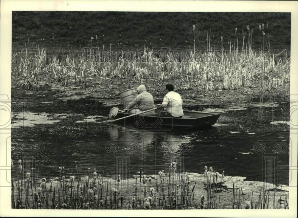 1988 Workers collect trash from Washington Park Lake, Albany, NY - Historic Images