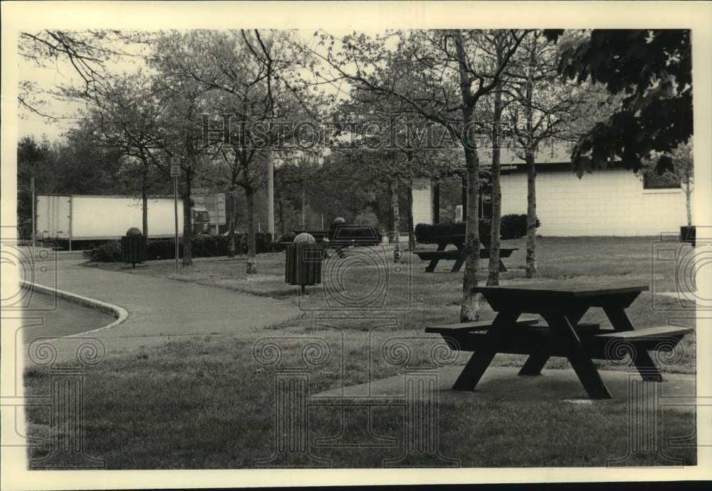 1986 Picnic tables at interstate rest area in Clifton Park, New York - Historic Images