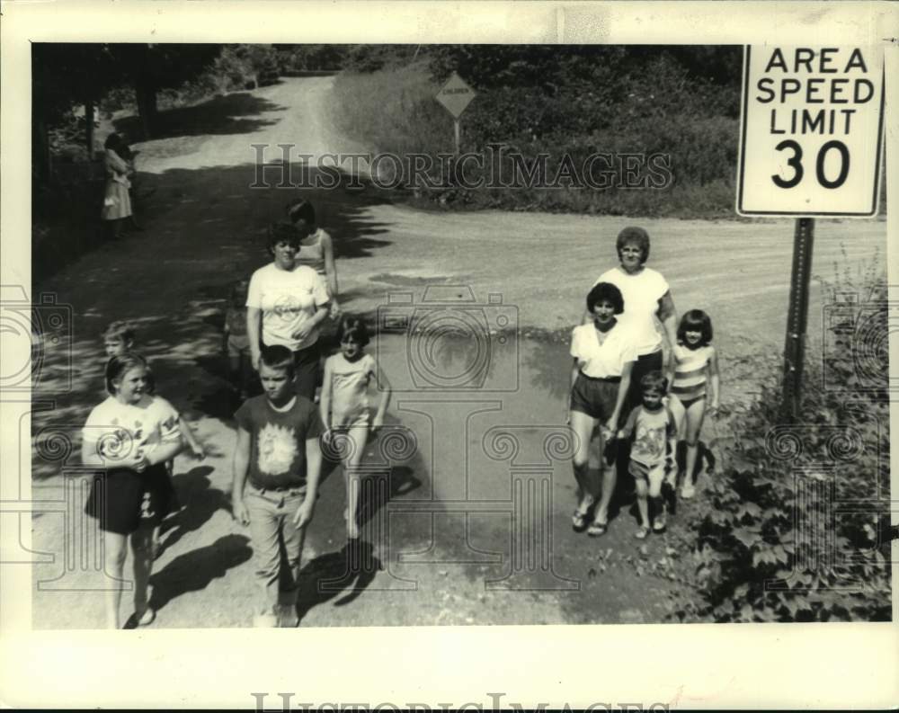 1986 Press Photo Residents walk down Sagendorf Lane in North Greenbush, New York - Historic Images