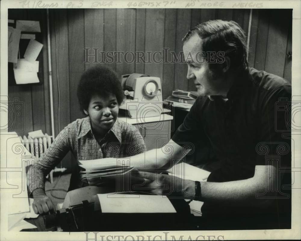 1973 Press Photo Rensselaer County, NY Catholic Diocese dean speaks to secretary-Historic Images